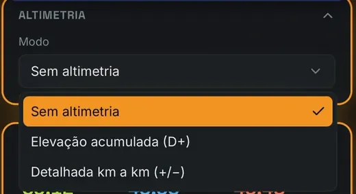Menu de altimetria da Calculadora Estratégica de Prova
